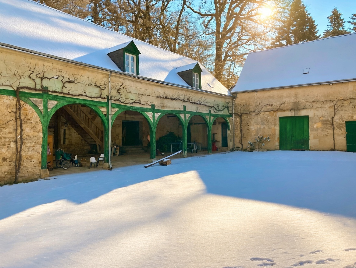 Cour des locaux de la Chanterie Frassati enneigée